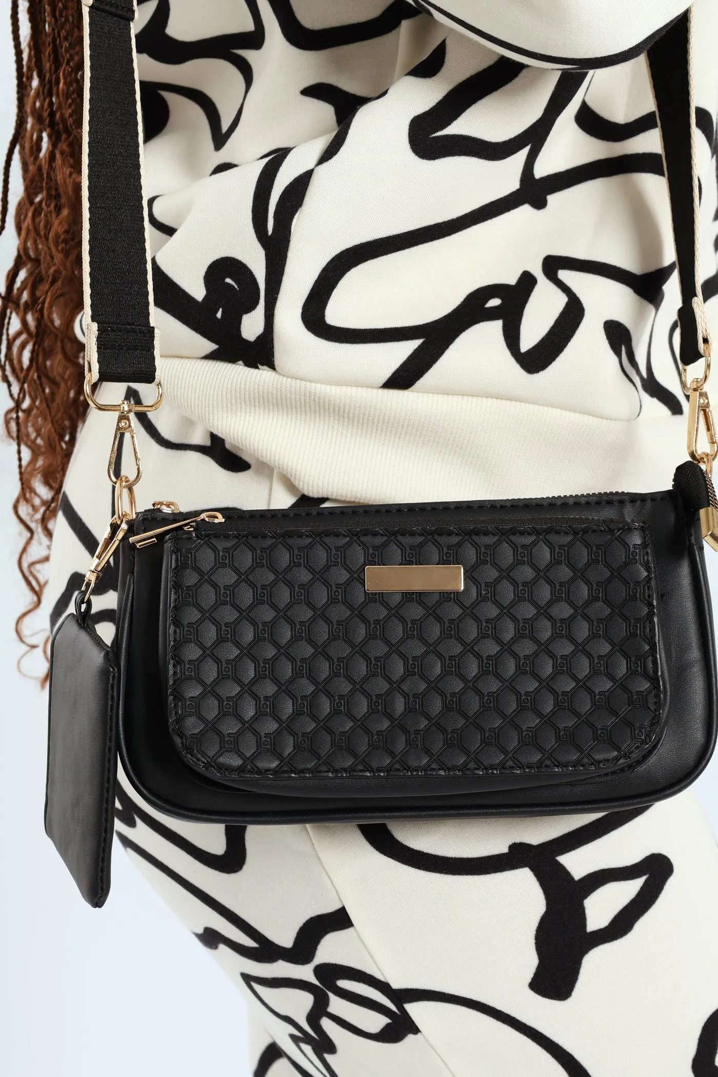 Embossed Double Compartment Crossover Satchel Bag - Black