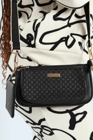 Embossed Double Compartment Crossover Satchel Bag - Black