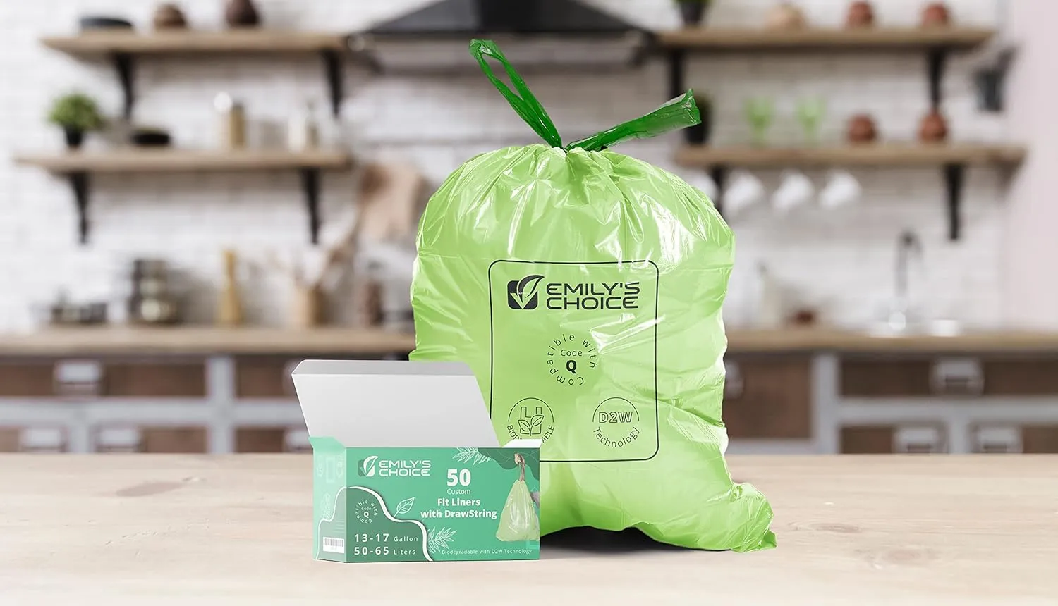 Emily's Choice Biodegradable Trash Bag Code Q (50 count), Heavy Duty Tall Trash Bag compatible with Simplehuman Code Q,13-17 Gallons, ATSM 6954, D2W, 1.2mil / 30 micron Thickness