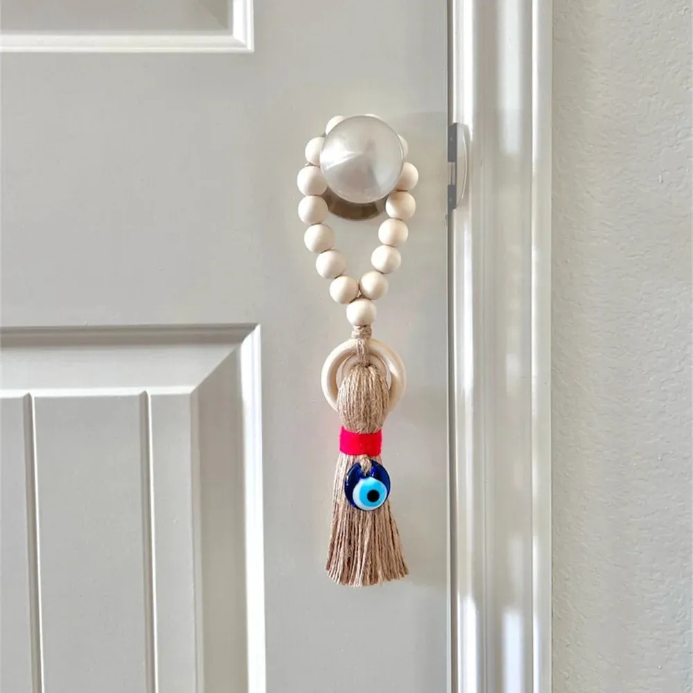 Enchanting Wooden Guardian Amulet Tassel with Glass Evil Eye Bead for Modern Home Décor