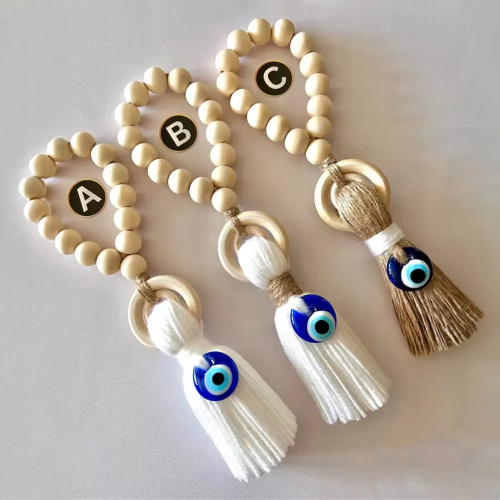 Enchanting Wooden Guardian Amulet Tassel with Glass Evil Eye Bead for Modern Home Décor