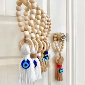 Enchanting Wooden Guardian Amulet Tassel with Glass Evil Eye Bead for Modern Home Décor
