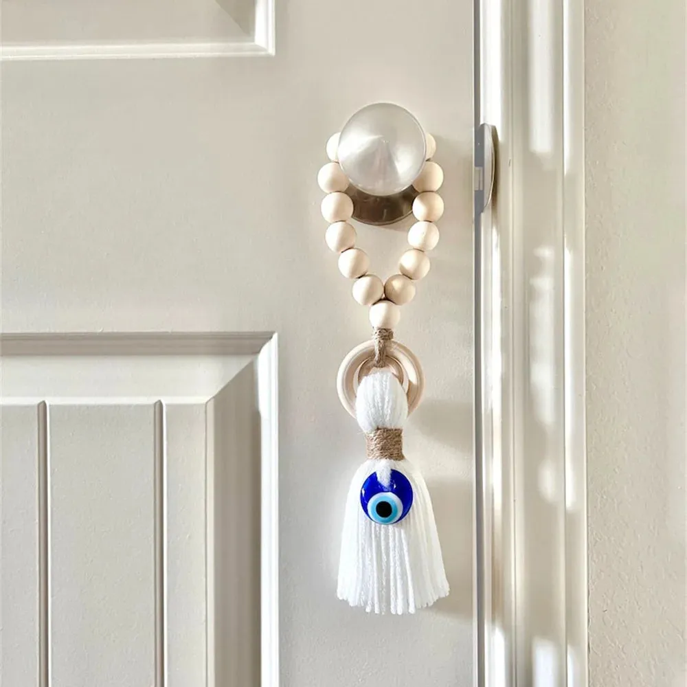 Enchanting Wooden Guardian Amulet Tassel with Glass Evil Eye Bead for Modern Home Décor