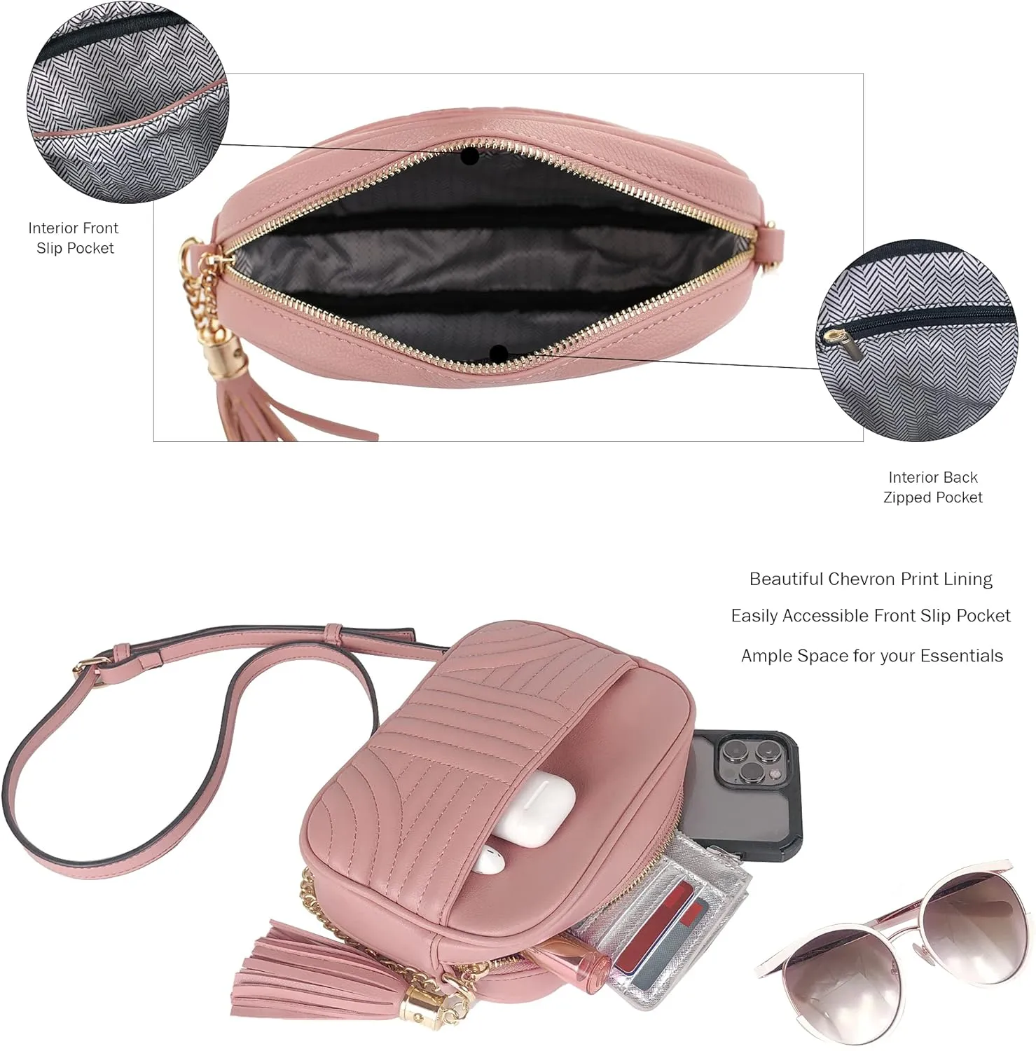 EVVE Quilted Crossbody Bags for Women - Stylish Camera Bag with Tassel - Lightweight Medium Size Shoulder Purse