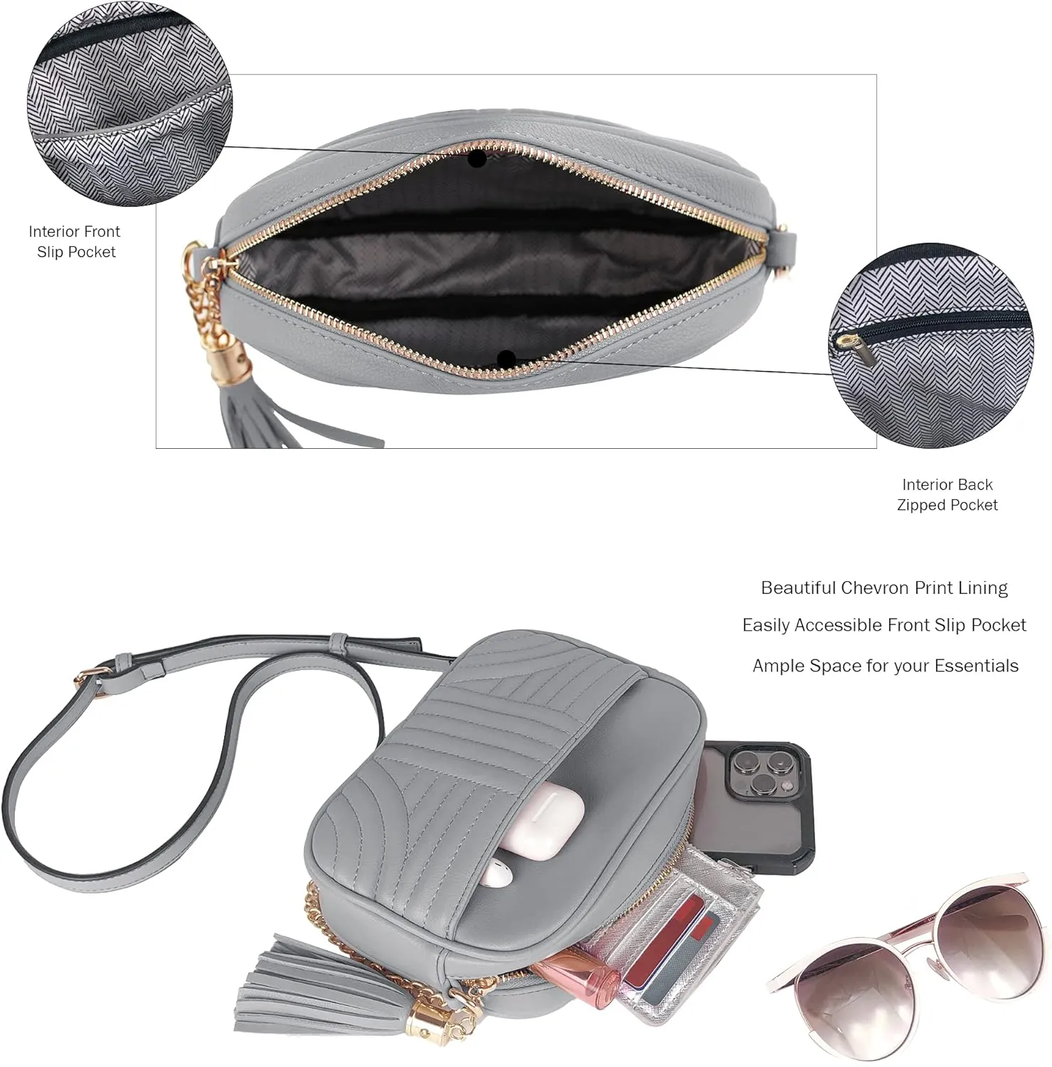 EVVE Quilted Crossbody Bags for Women - Stylish Camera Bag with Tassel - Lightweight Medium Size Shoulder Purse