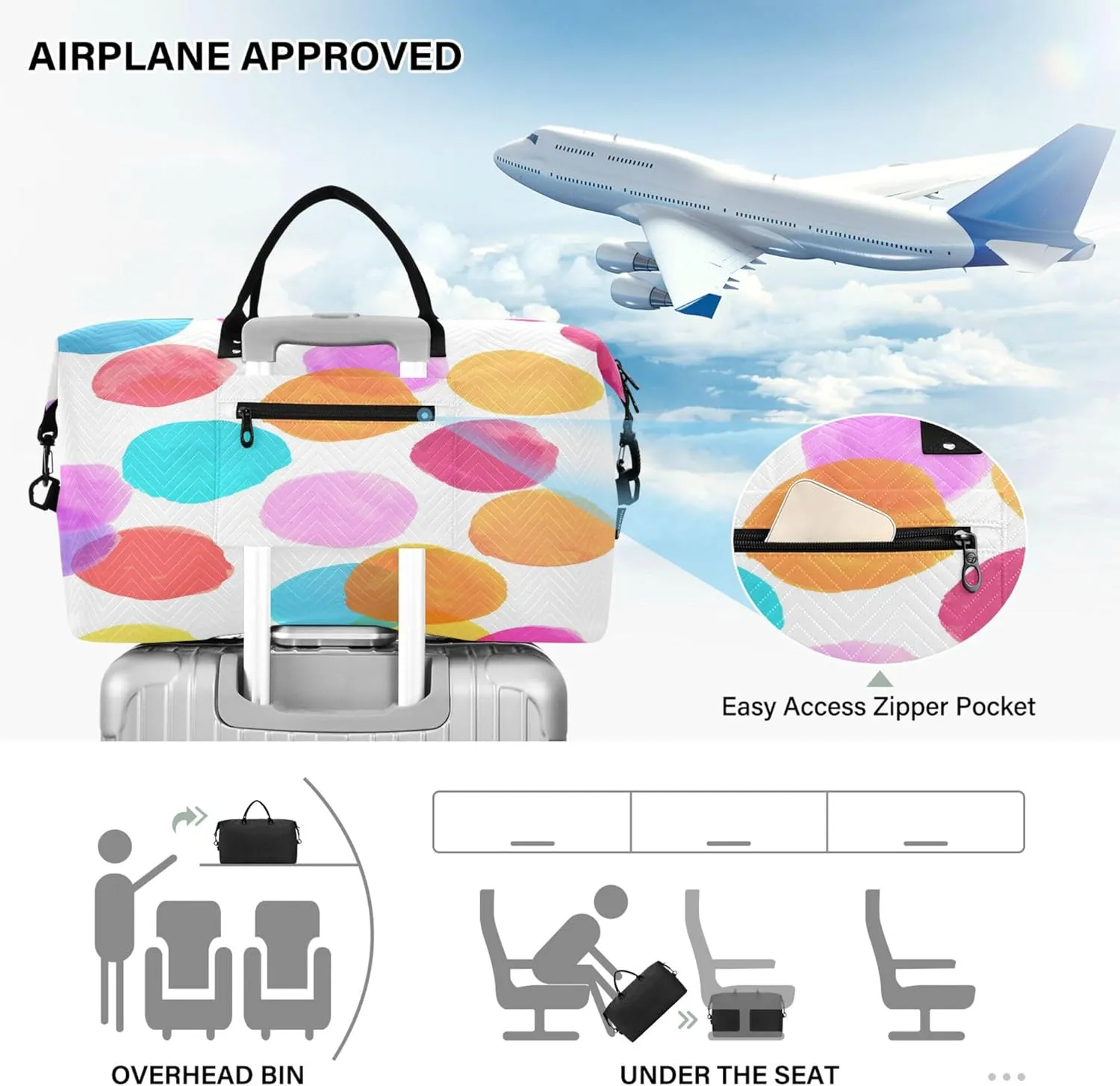 Exnundod Women Weekender Bags Seamless Circles Pattern Travel Duffel Bags Carry On Overnight Bag Watercolor Large Hospital Tote Luggage