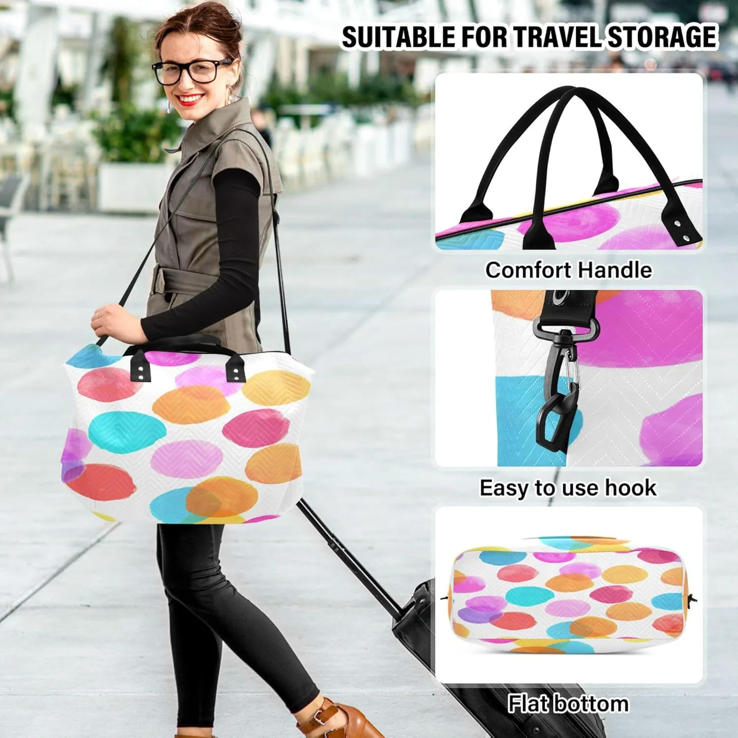 Exnundod Women Weekender Bags Seamless Circles Pattern Travel Duffel Bags Carry On Overnight Bag Watercolor Large Hospital Tote Luggage