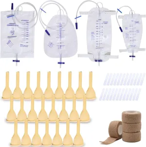 External Male catheters for Men, 24pcs Soft Latex Sets, 1 pcs 750 ml Leg Bag, 1 pcs1000 ml Leg Bag, 1 pcs 1500 ml Urine Bag, 1 pcs 2000 ml Urine Bag with 4 Rolls of Tape - Urine Collection (40mm)