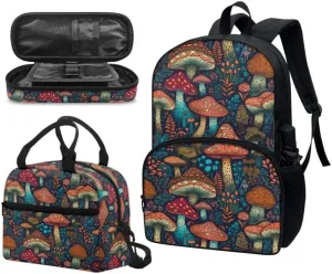 Fantasy Mushroom 3pcs Kids Backpack Middle School Tribal Floral Forest Mushroom Teenager Gifts for Men & Women Fits 12 inch laptop Bag Lunch Bag Pencil Case