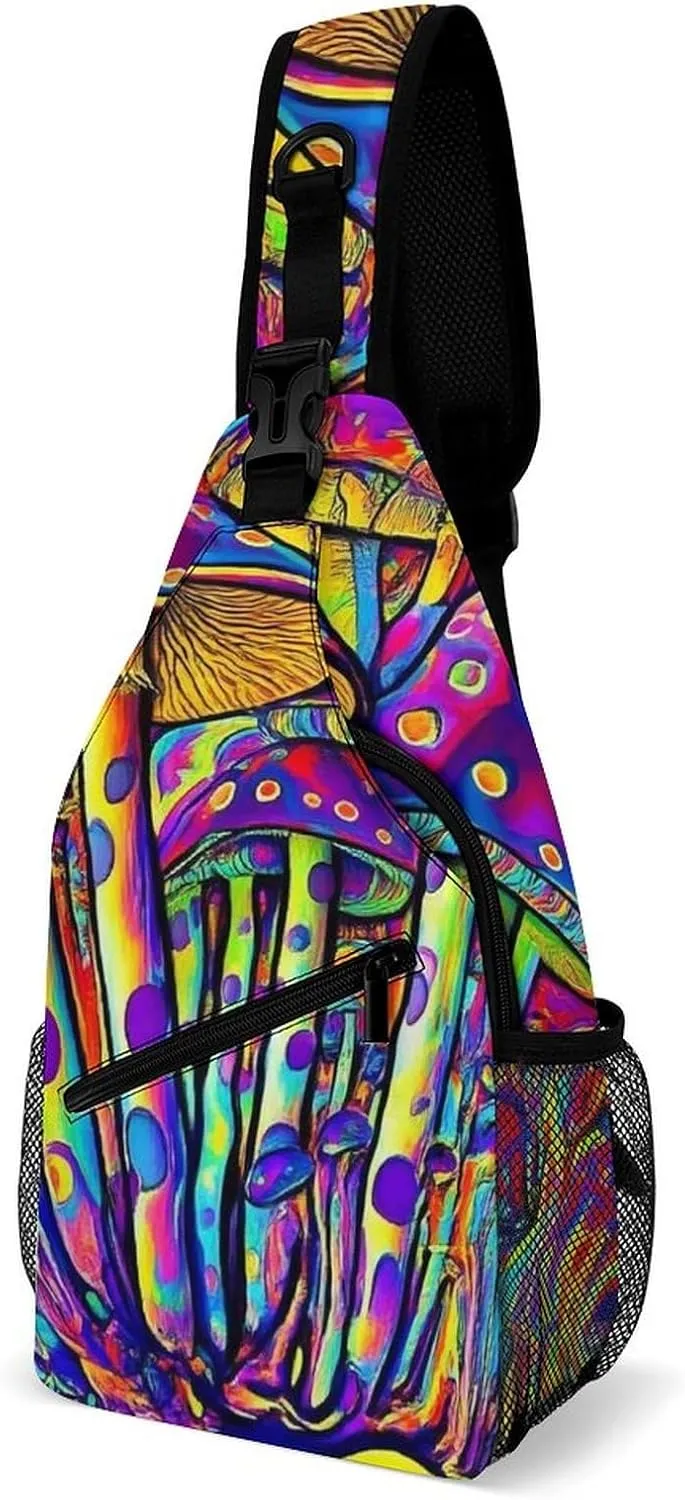 Fashion Sling Bag, Trippy Tie Dye Magic Mushrooms Art Chest Pack Crossbody Bags, Tool Backpack, Gym Bags Sack Daypack Outdoor Backpack for Man Women Lady