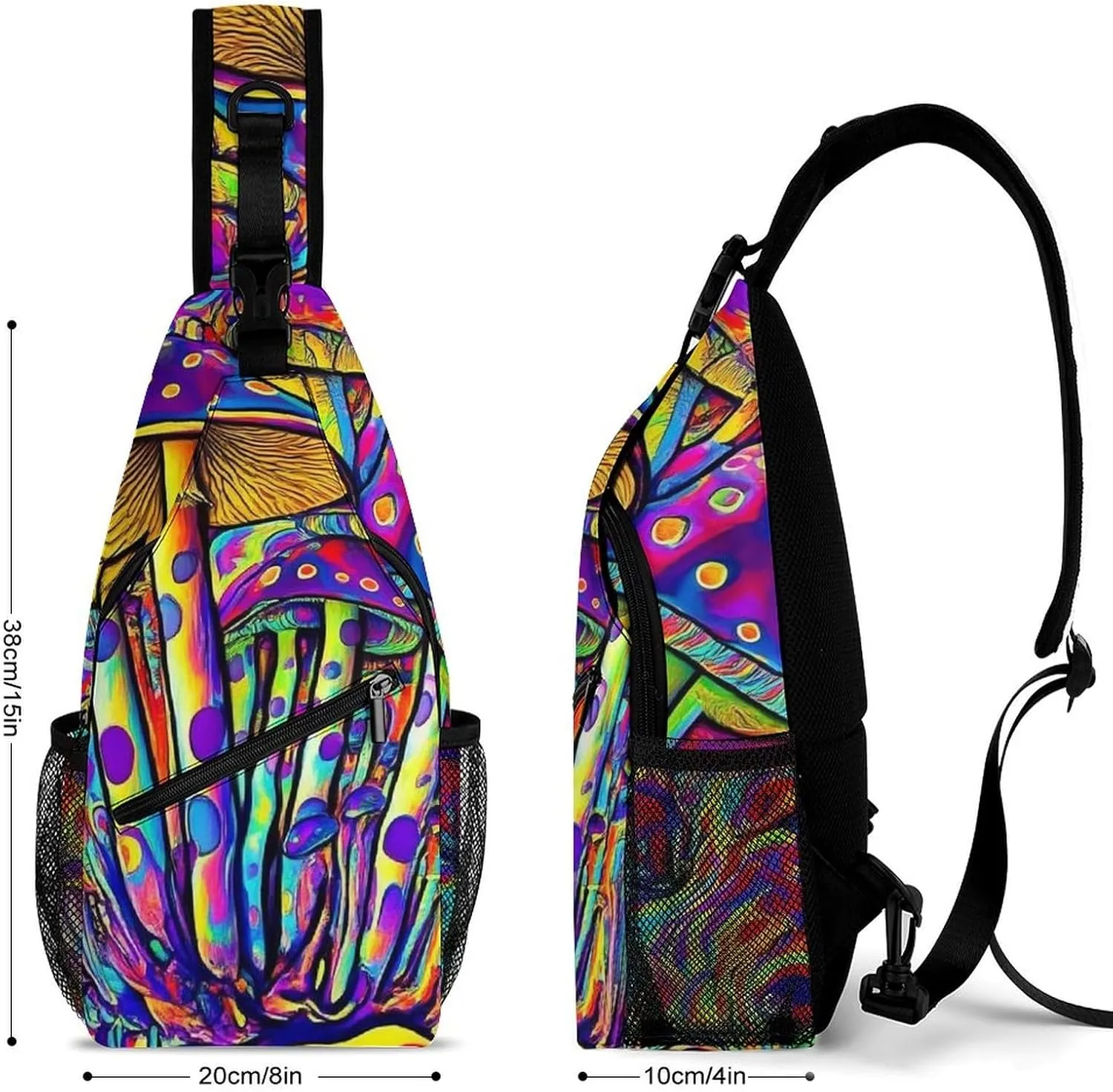 Fashion Sling Bag, Trippy Tie Dye Magic Mushrooms Art Chest Pack Crossbody Bags, Tool Backpack, Gym Bags Sack Daypack Outdoor Backpack for Man Women Lady
