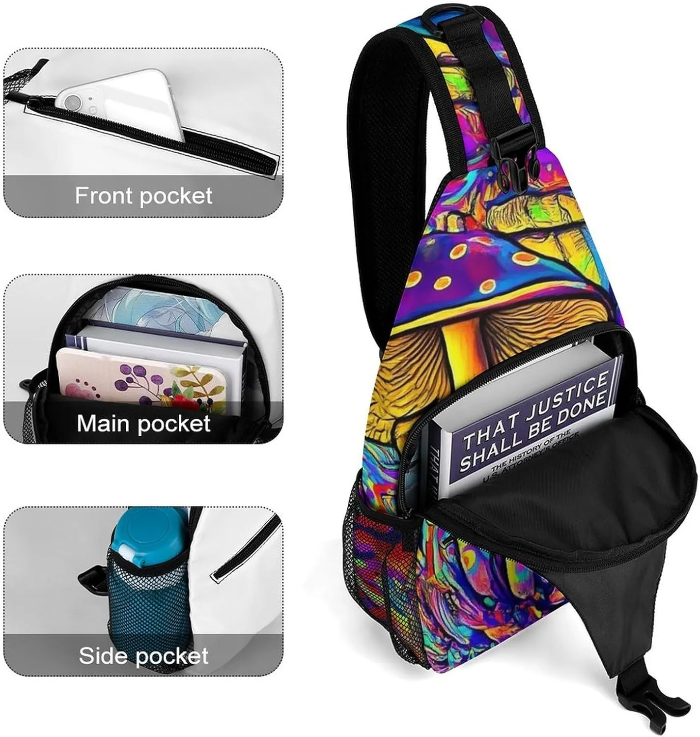 Fashion Sling Bag, Trippy Tie Dye Magic Mushrooms Art Chest Pack Crossbody Bags, Tool Backpack, Gym Bags Sack Daypack Outdoor Backpack for Man Women Lady