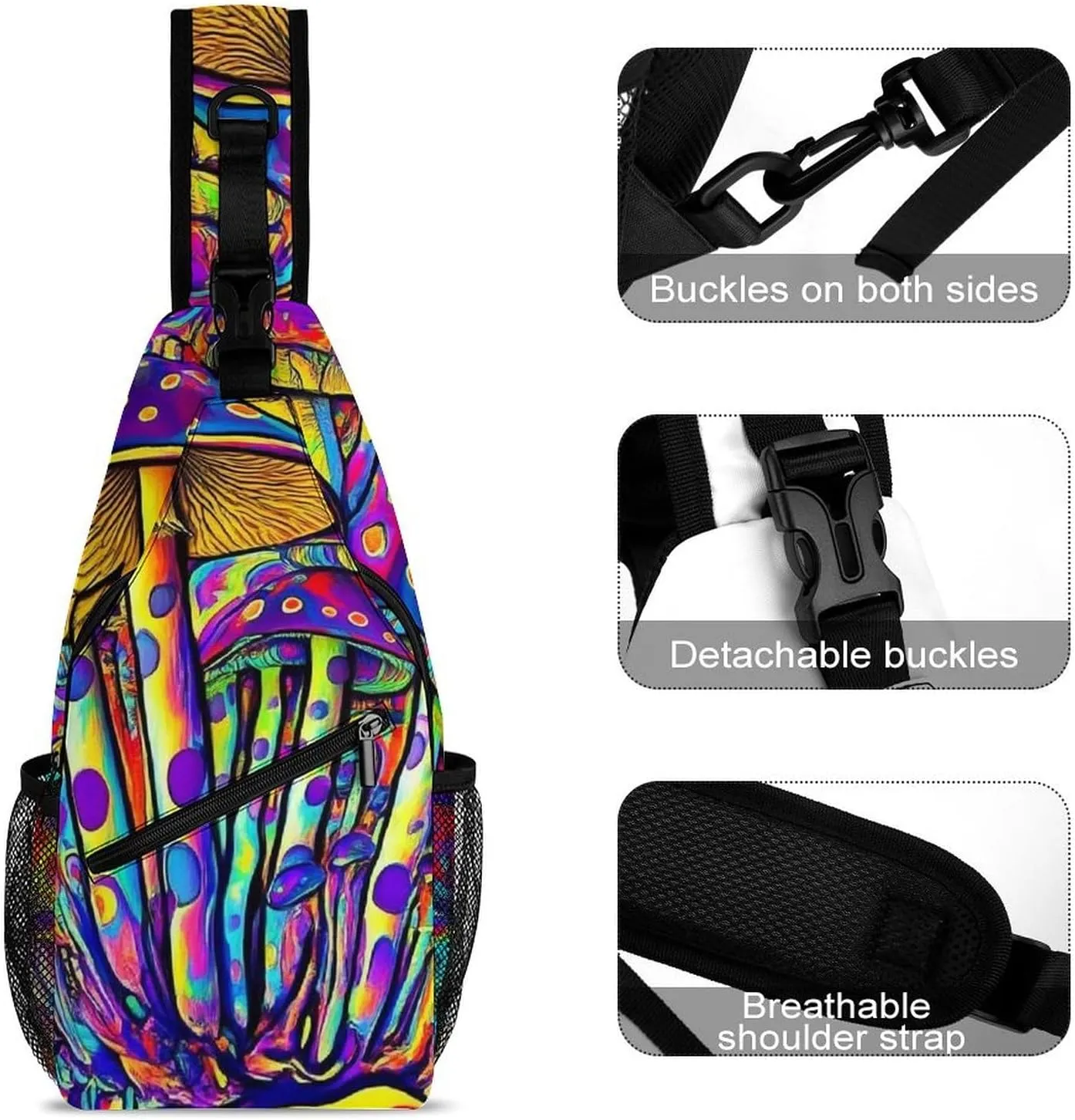 Fashion Sling Bag, Trippy Tie Dye Magic Mushrooms Art Chest Pack Crossbody Bags, Tool Backpack, Gym Bags Sack Daypack Outdoor Backpack for Man Women Lady