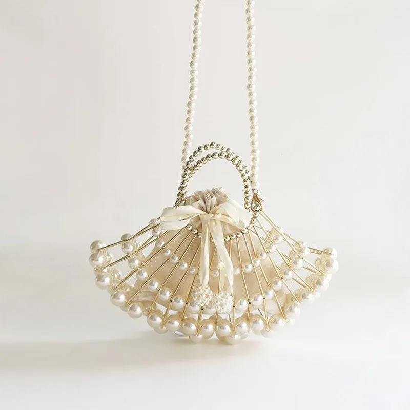 Faux Pearl Drawstring Pouch Top Handle Bag - Beige