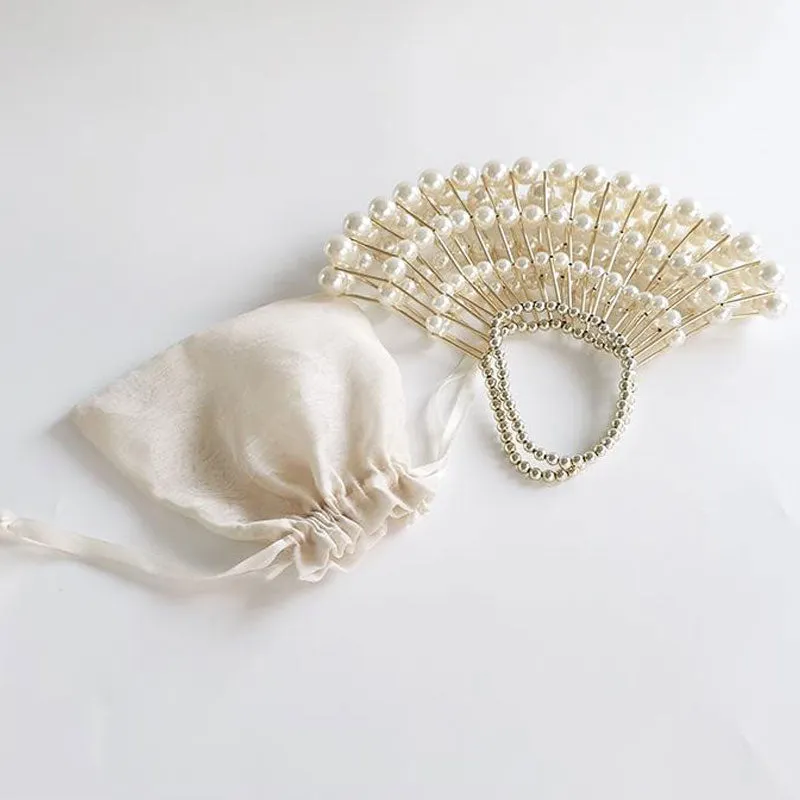 Faux Pearl Drawstring Pouch Top Handle Bag - Beige