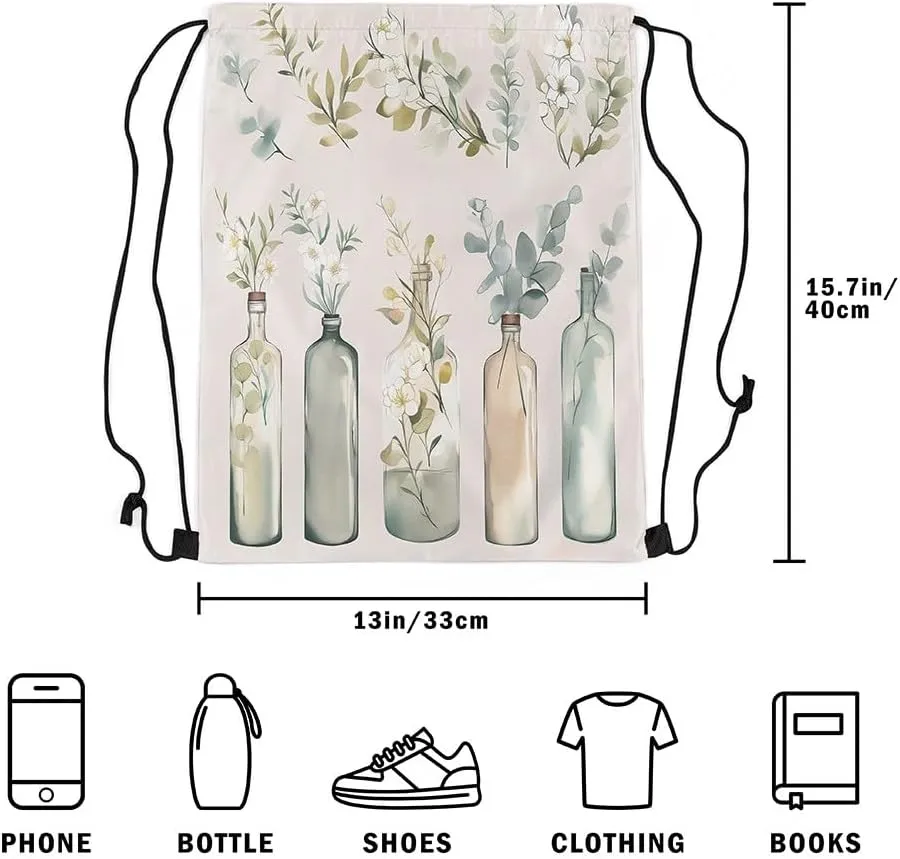 Feelyou Botanical Drawstring Backpack 13"x15.7" Farmhouse Floral Sports Drawstring Sackpack for Natural Drawstring Bags Women Men Garden Plants Waterproof Cinch Bag