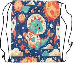 Feelyou Dinosaur Drawstring Backpack Astronaut Dinosaur Gym String Bag Outer Space Planet Sports Drawstring Sackpack Cartoon Dinosaur Drawstring Bags