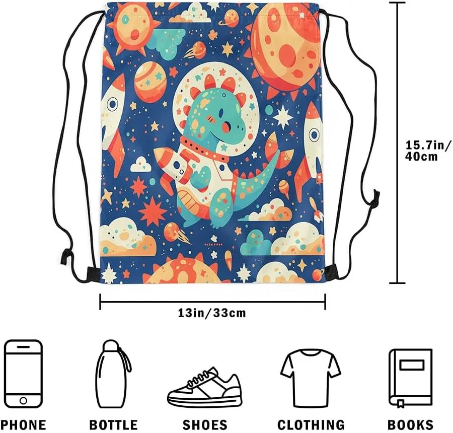 Feelyou Dinosaur Drawstring Backpack Astronaut Dinosaur Gym String Bag Outer Space Planet Sports Drawstring Sackpack Cartoon Dinosaur Drawstring Bags