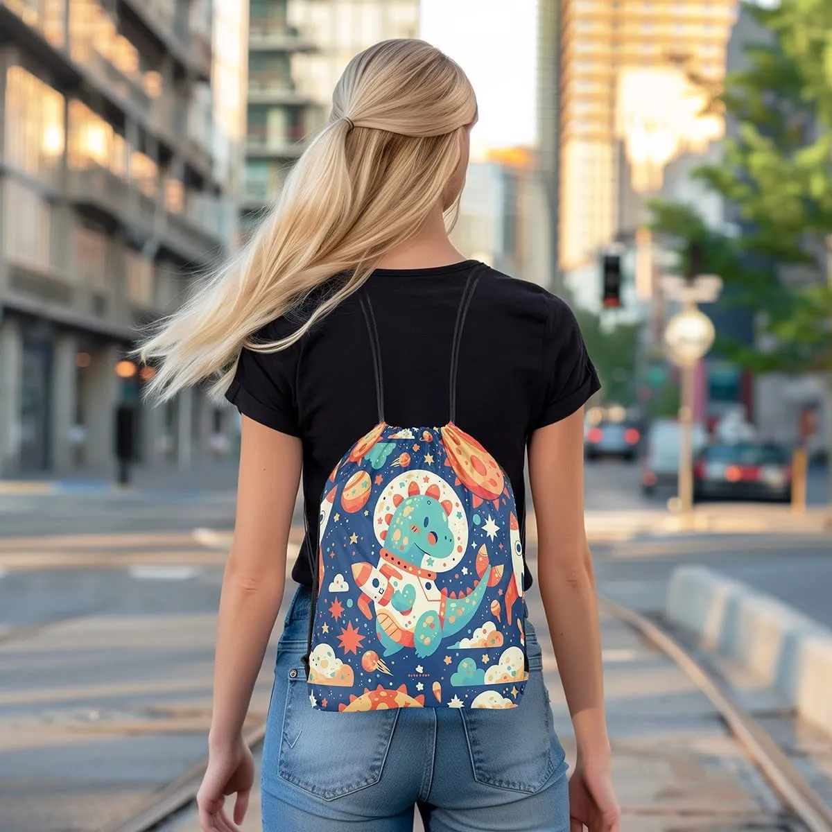 Feelyou Dinosaur Drawstring Backpack Astronaut Dinosaur Gym String Bag Outer Space Planet Sports Drawstring Sackpack Cartoon Dinosaur Drawstring Bags