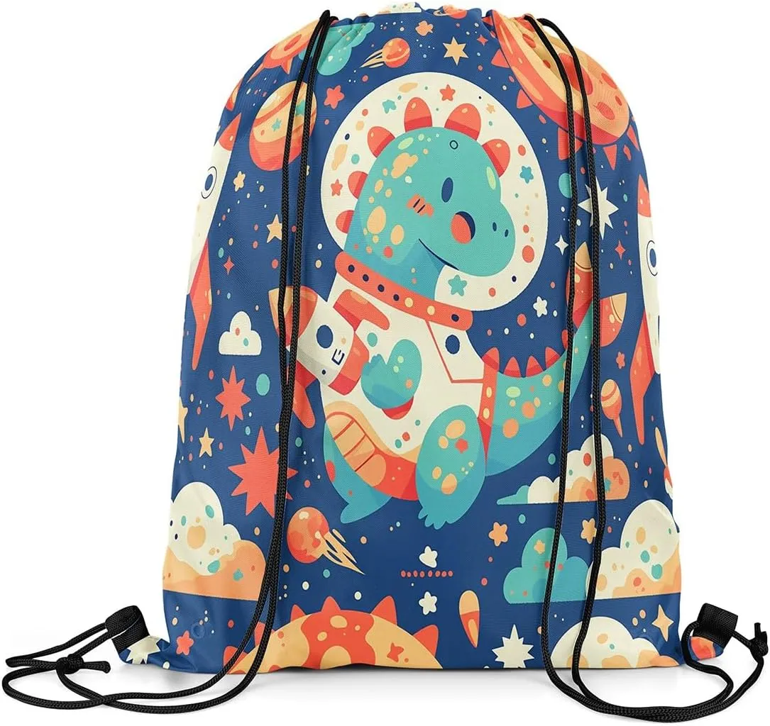 Feelyou Dinosaur Drawstring Backpack Astronaut Dinosaur Gym String Bag Outer Space Planet Sports Drawstring Sackpack Cartoon Dinosaur Drawstring Bags