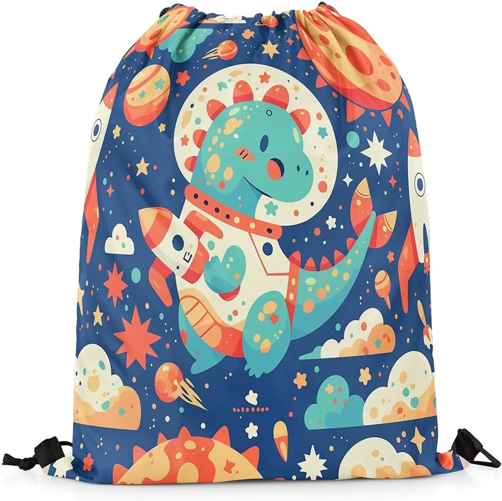 Feelyou Dinosaur Drawstring Backpack Astronaut Dinosaur Gym String Bag Outer Space Planet Sports Drawstring Sackpack Cartoon Dinosaur Drawstring Bags