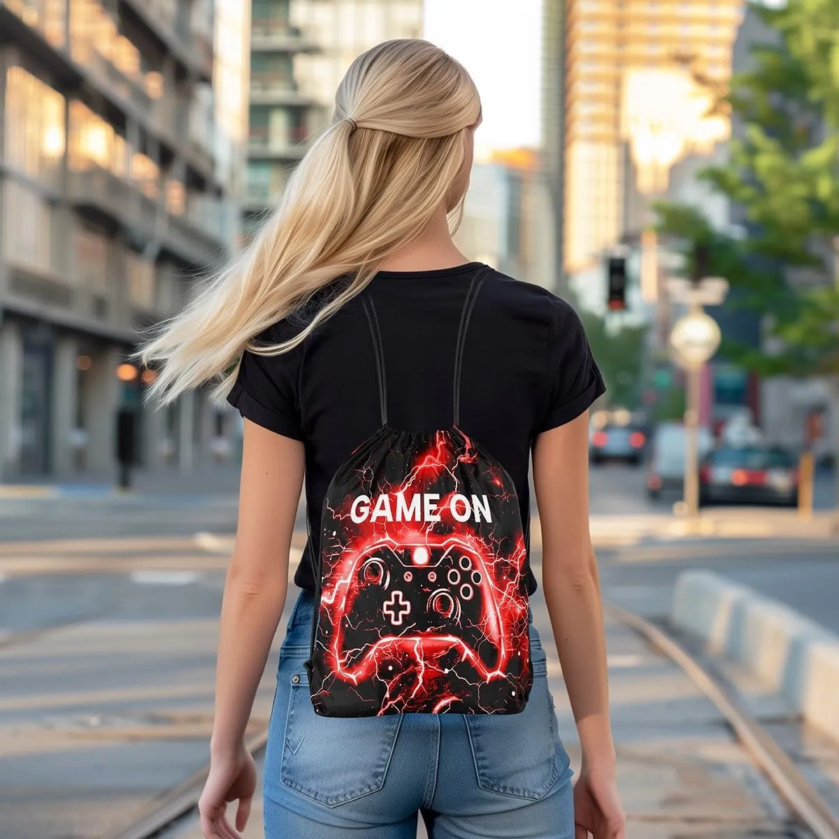 Feelyou Gamer Drawstring Backpack 13"x15.7" Gaming Gym String Bag Decor Game Drawstring Bags Gamepad Waterproof Cinch Bag Black Red