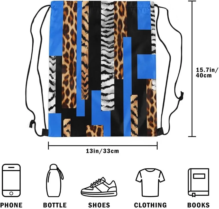 Feelyou Leopard Drawstring Backpack for Cheetah Blue Black Drawstring Bags 13"x15.7" Animal Fur Print Sports Drawstring Sackpack Safari Waterproof Cinch Bag Zebra