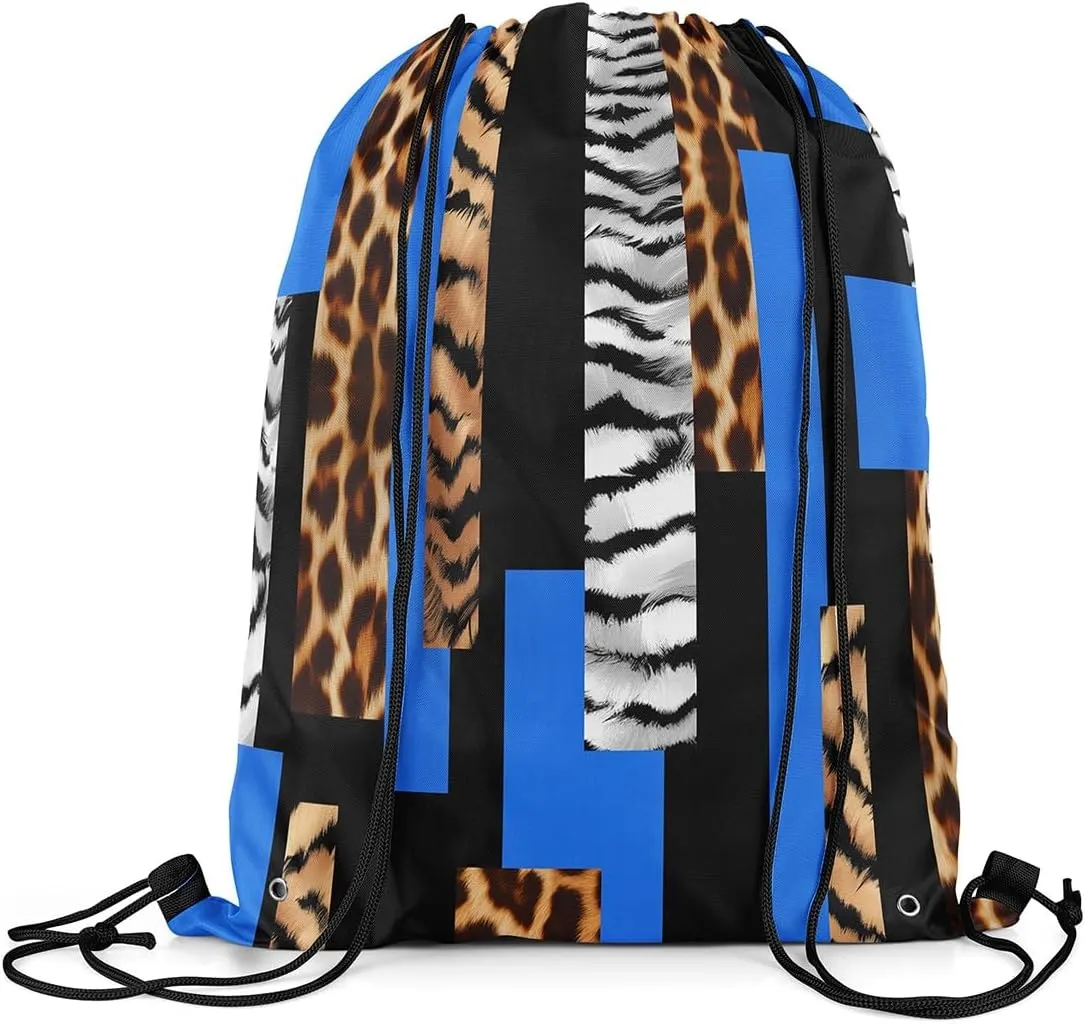 Feelyou Leopard Drawstring Backpack for Cheetah Blue Black Drawstring Bags 13"x15.7" Animal Fur Print Sports Drawstring Sackpack Safari Waterproof Cinch Bag Zebra