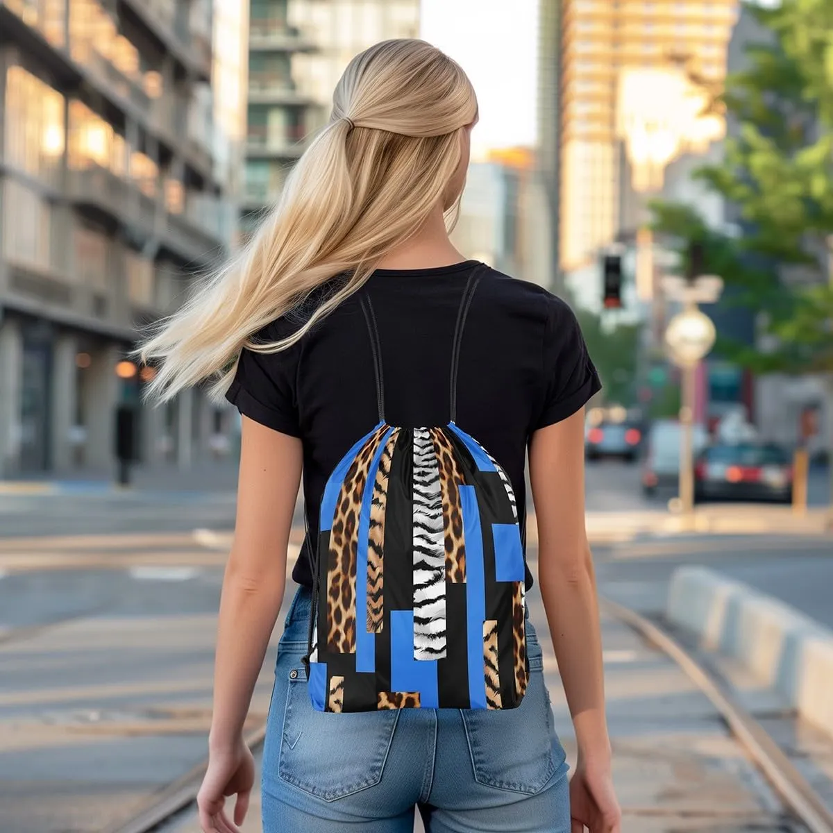 Feelyou Leopard Drawstring Backpack for Cheetah Blue Black Drawstring Bags 13"x15.7" Animal Fur Print Sports Drawstring Sackpack Safari Waterproof Cinch Bag Zebra