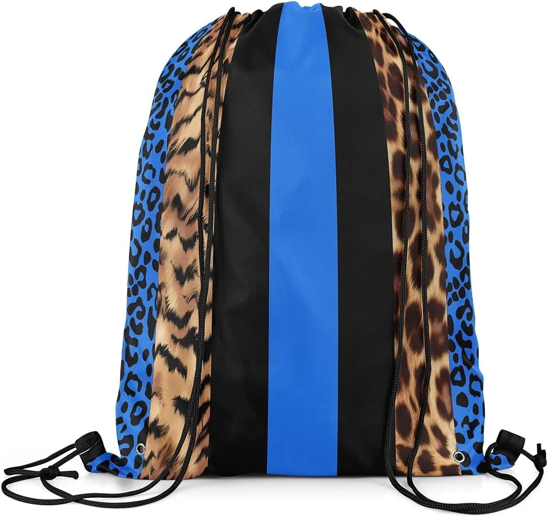 Feelyou Leopard Fur Print Drawstring Backpack for Cheetah Drawstring Bags 13"x15.7" Animals Blue Black Sports Drawstring Sackpack Safari Waterproof Cinch Bag Zebra