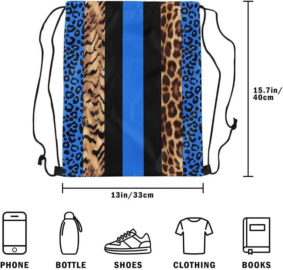 Feelyou Leopard Fur Print Drawstring Backpack for Cheetah Drawstring Bags 13"x15.7" Animals Blue Black Sports Drawstring Sackpack Safari Waterproof Cinch Bag Zebra