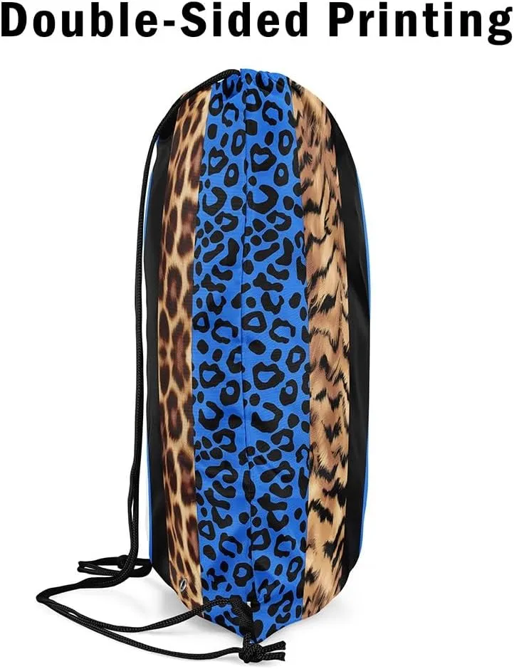 Feelyou Leopard Fur Print Drawstring Backpack for Cheetah Drawstring Bags 13"x15.7" Animals Blue Black Sports Drawstring Sackpack Safari Waterproof Cinch Bag Zebra