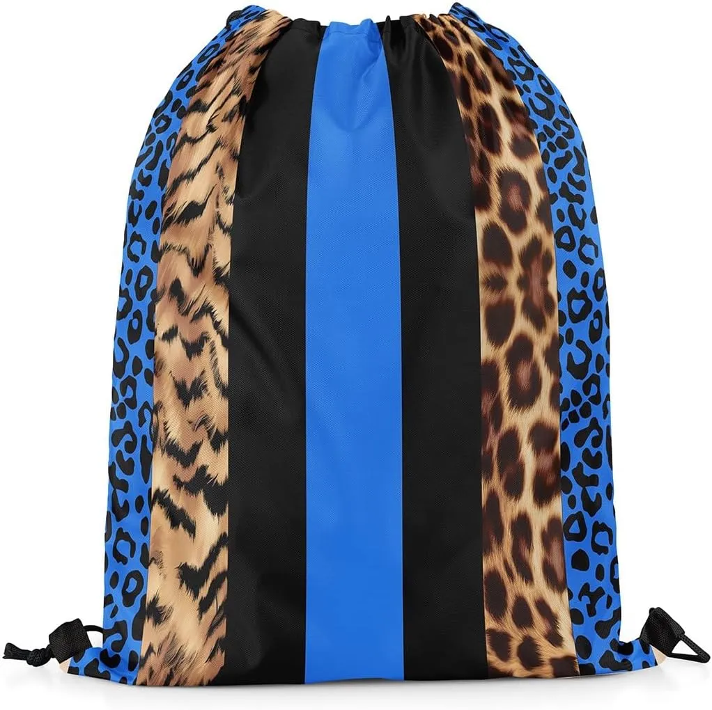 Feelyou Leopard Fur Print Drawstring Backpack for Cheetah Drawstring Bags 13"x15.7" Animals Blue Black Sports Drawstring Sackpack Safari Waterproof Cinch Bag Zebra