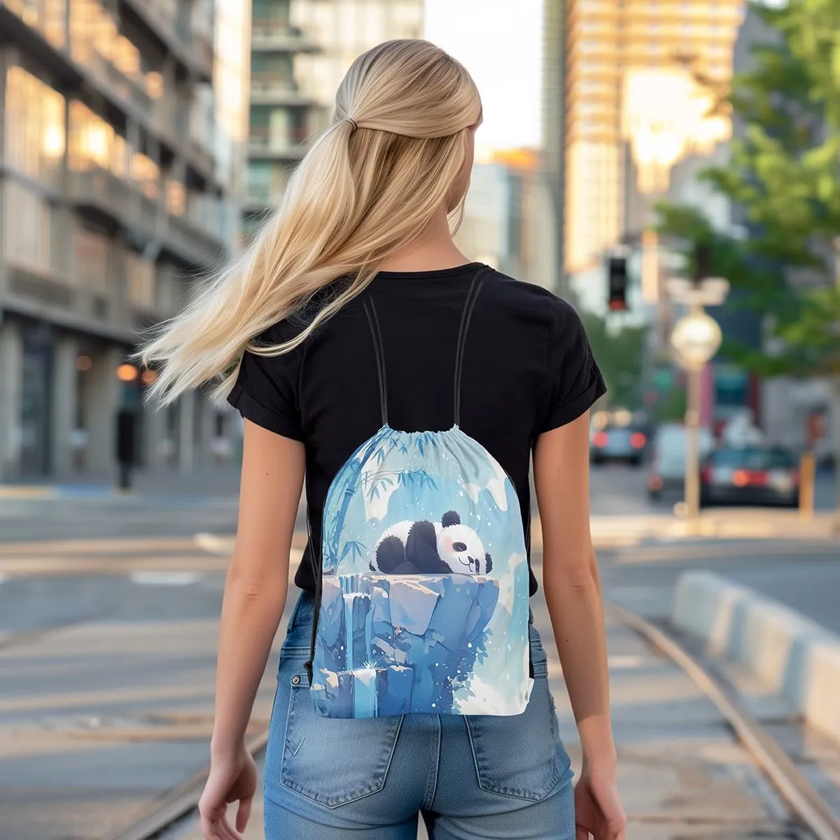Feelyou Panda Sports Drawstring Sackpack Sleeping Cute Panda Gym String Bag Bamboo Drawstring Backpack Cartoon Animal Drawstring Bags