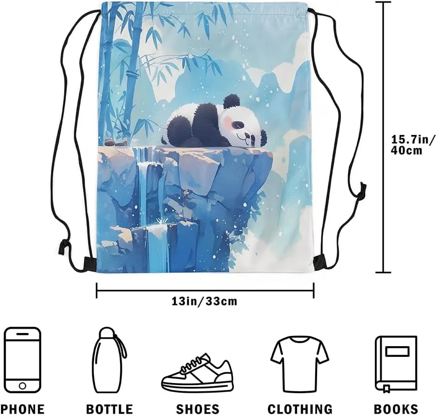 Feelyou Panda Sports Drawstring Sackpack Sleeping Cute Panda Gym String Bag Bamboo Drawstring Backpack Cartoon Animal Drawstring Bags