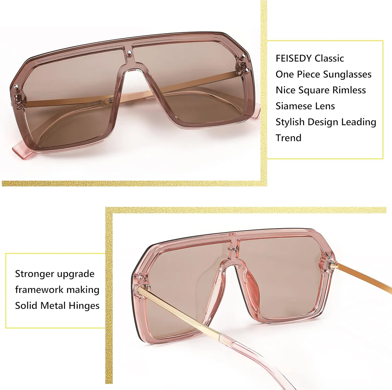 FEISEDY Classic Siamese One Piece Sunglasses Nice Rimless Stylish Retro Design for Women Men B2574