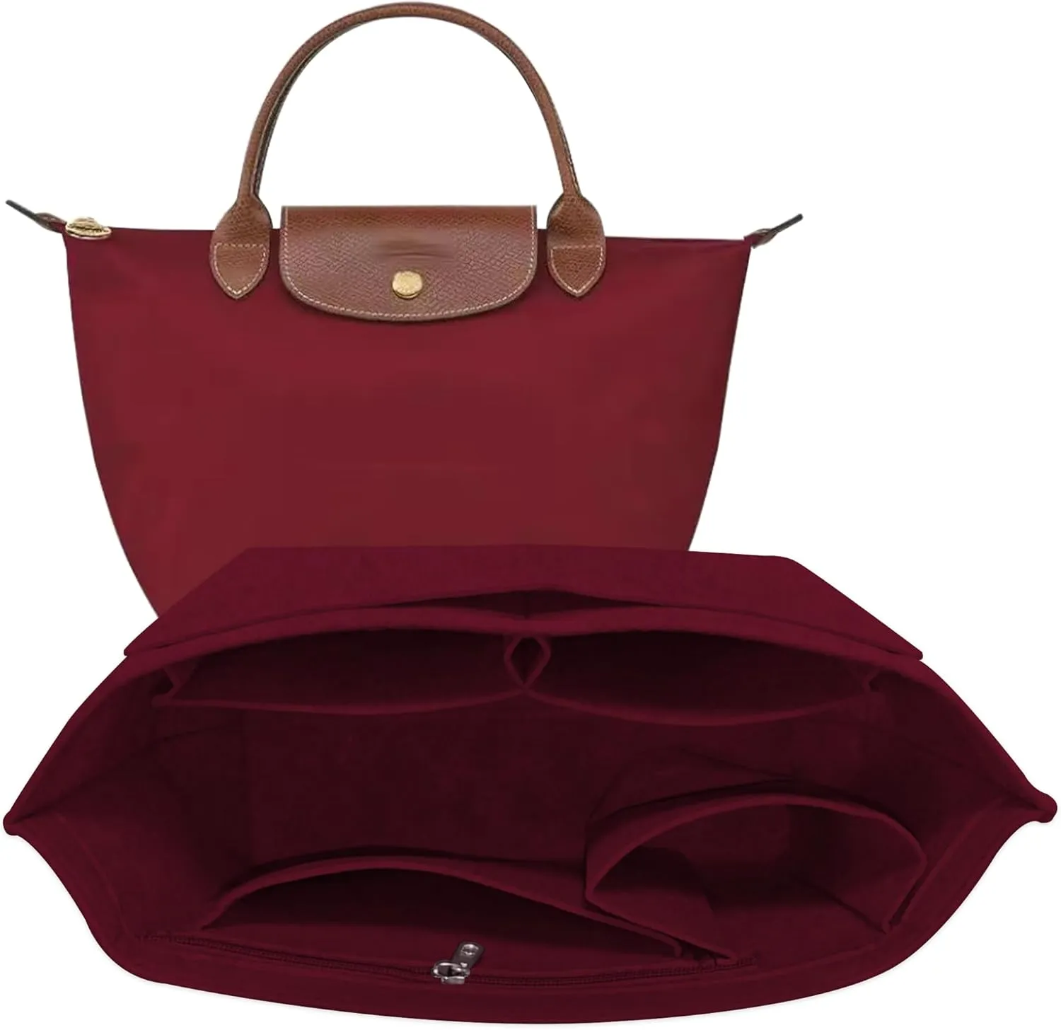 Felt Bag Organizer Insert for le pliage Tote,Purse Organizer Insert Handbag Organizer with Divider Pocket and Zipper Inner Bag Liner for Longchamp Bag (Beige,Medium)