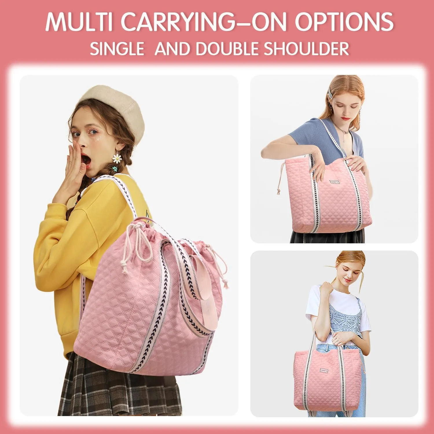 FIORETTO Womens Quilted Travel Tote Bag Duffle Bag with Trolley Sleeve