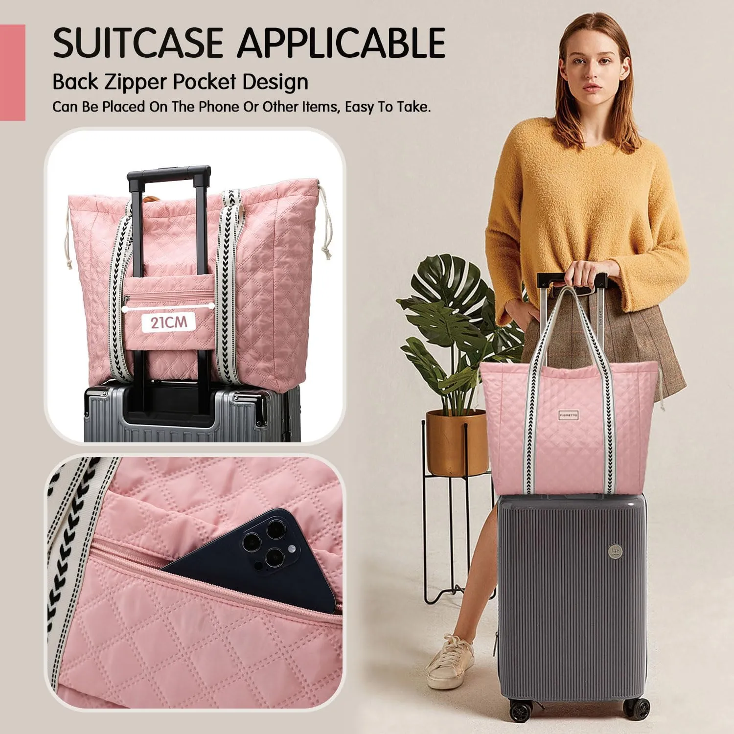FIORETTO Womens Quilted Travel Tote Bag Duffle Bag with Trolley Sleeve
