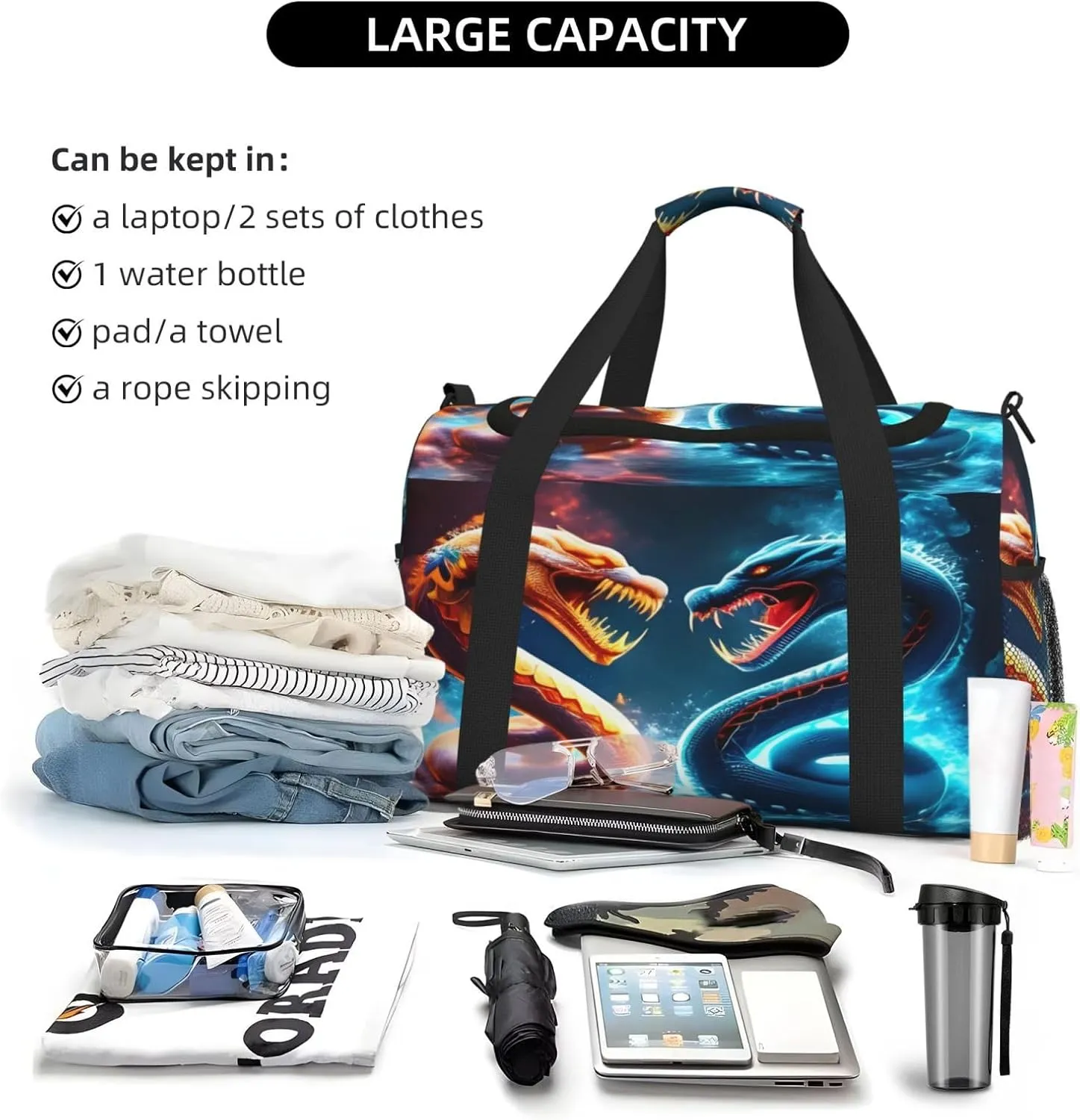 Fire And Ice Snake Travel Duffel Bag Large Foldable Waterproof Overnight Bag For Beach Swim Bags Pool Sports Gym