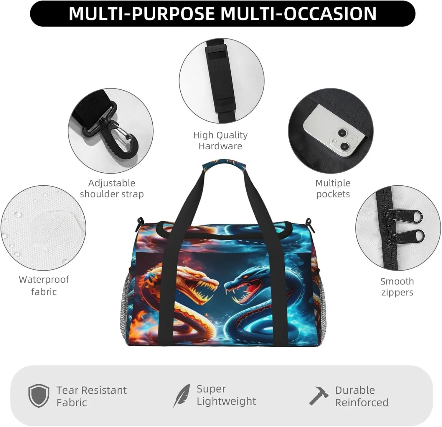Fire And Ice Snake Travel Duffel Bag Large Foldable Waterproof Overnight Bag For Beach Swim Bags Pool Sports Gym
