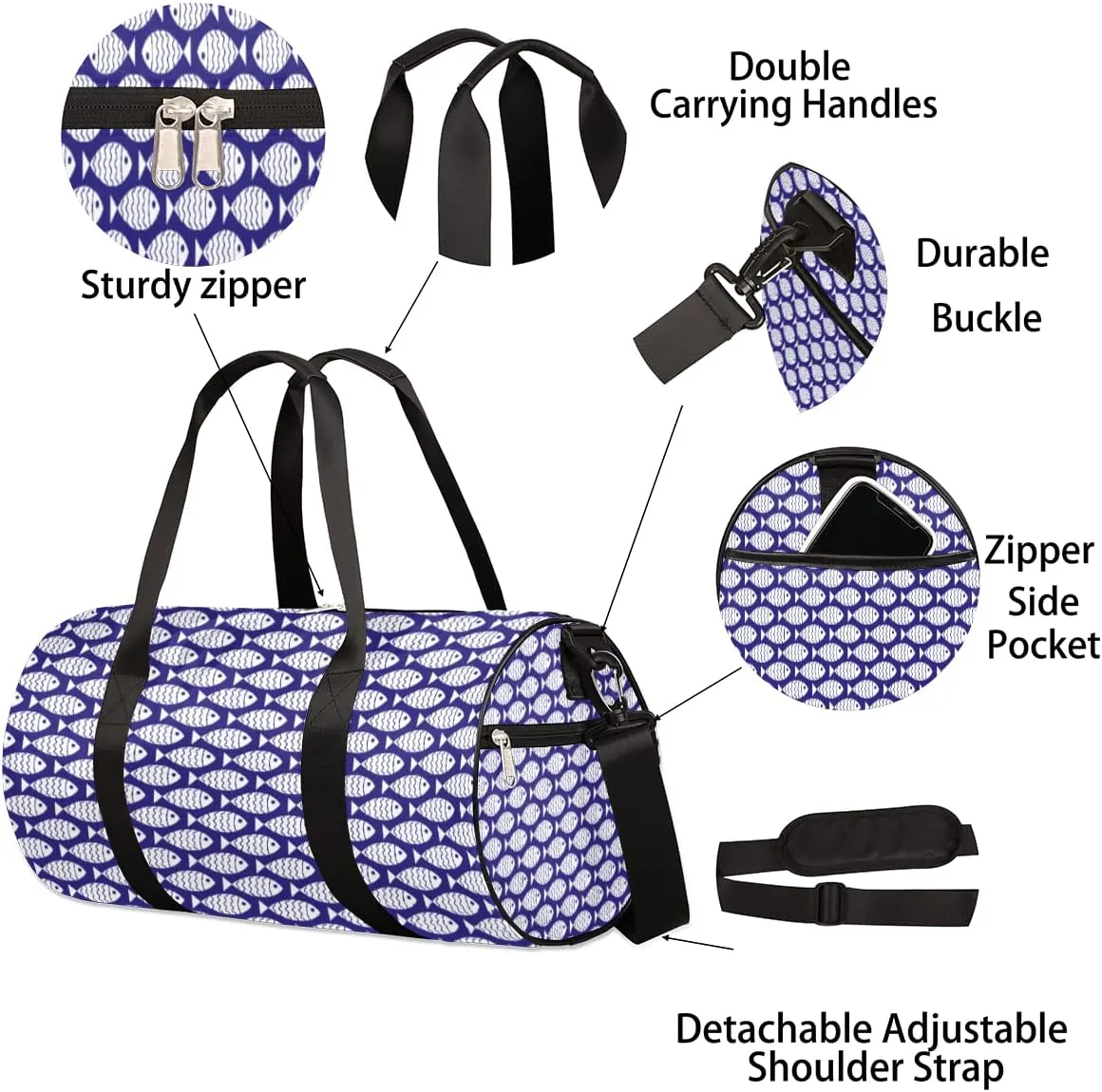 Fish Pattern Blue Gym Bag Small Gym Duffel Bags for Men Women Overnight Weekender Bag Lightweight Sport Duffle Bag Carry On Gymbag