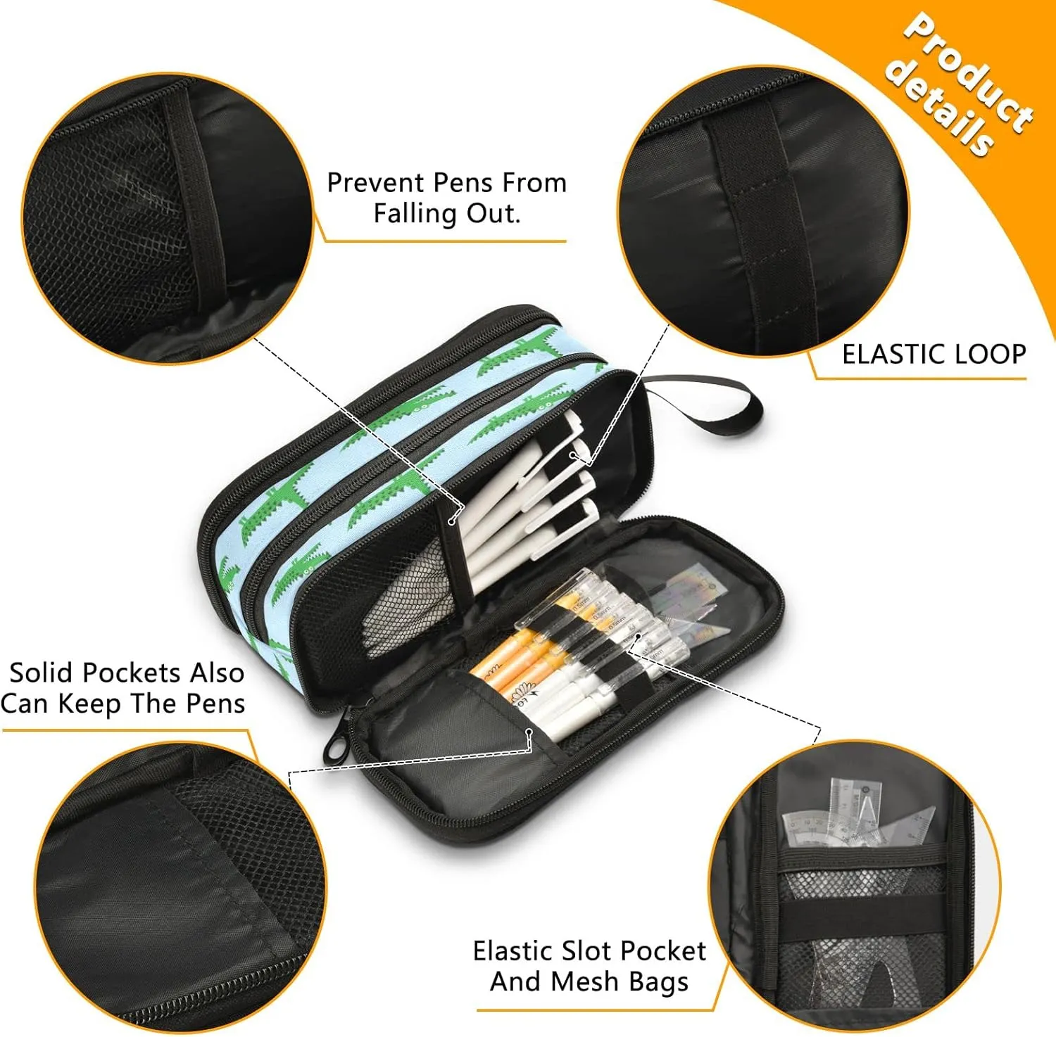 Fisyme Green Crocodile Pencil Case Large Capacity Pen Box Makeup Pouch Holder Organizer Stationery Bag for School Office College Traval Adults