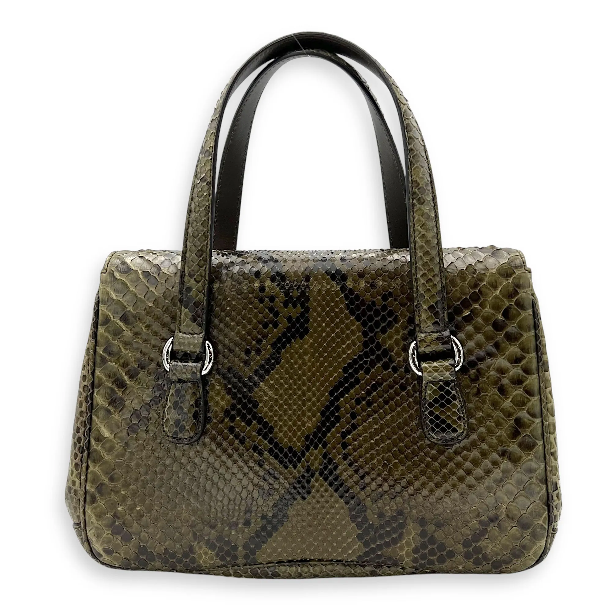 Flap Green Top Handle Bag in Snake Skin, Silver hardware