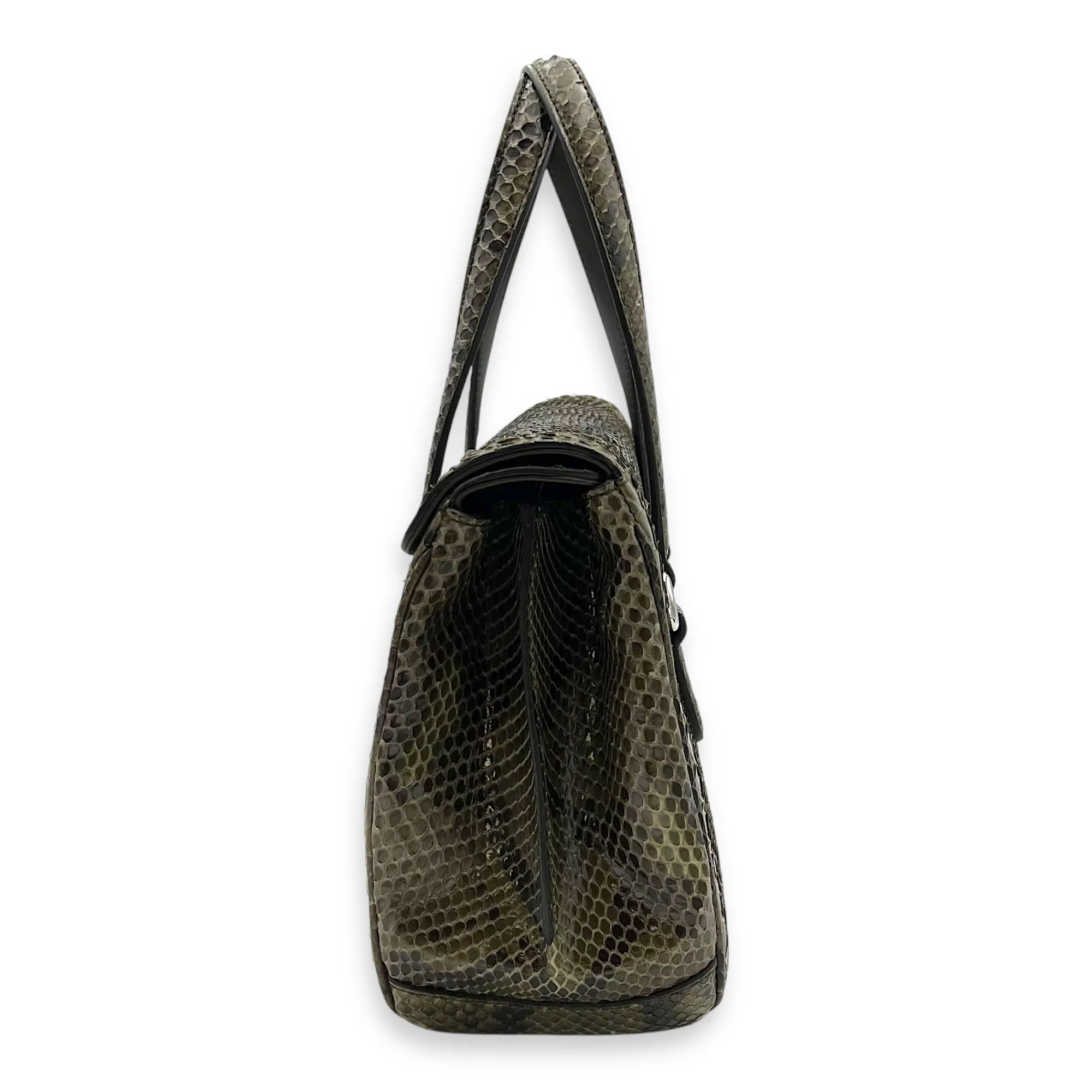 Flap Green Top Handle Bag in Snake Skin, Silver hardware