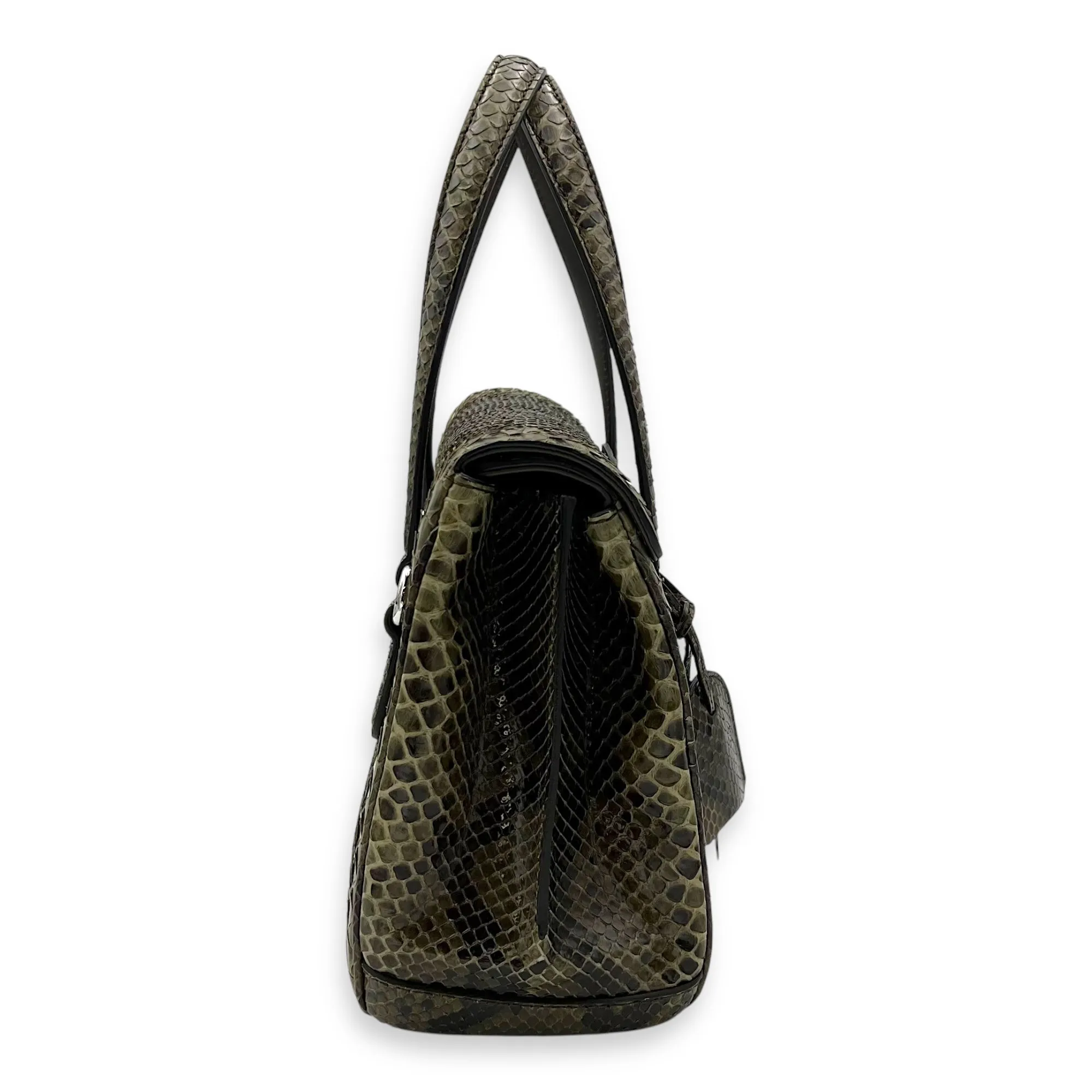 Flap Green Top Handle Bag in Snake Skin, Silver hardware