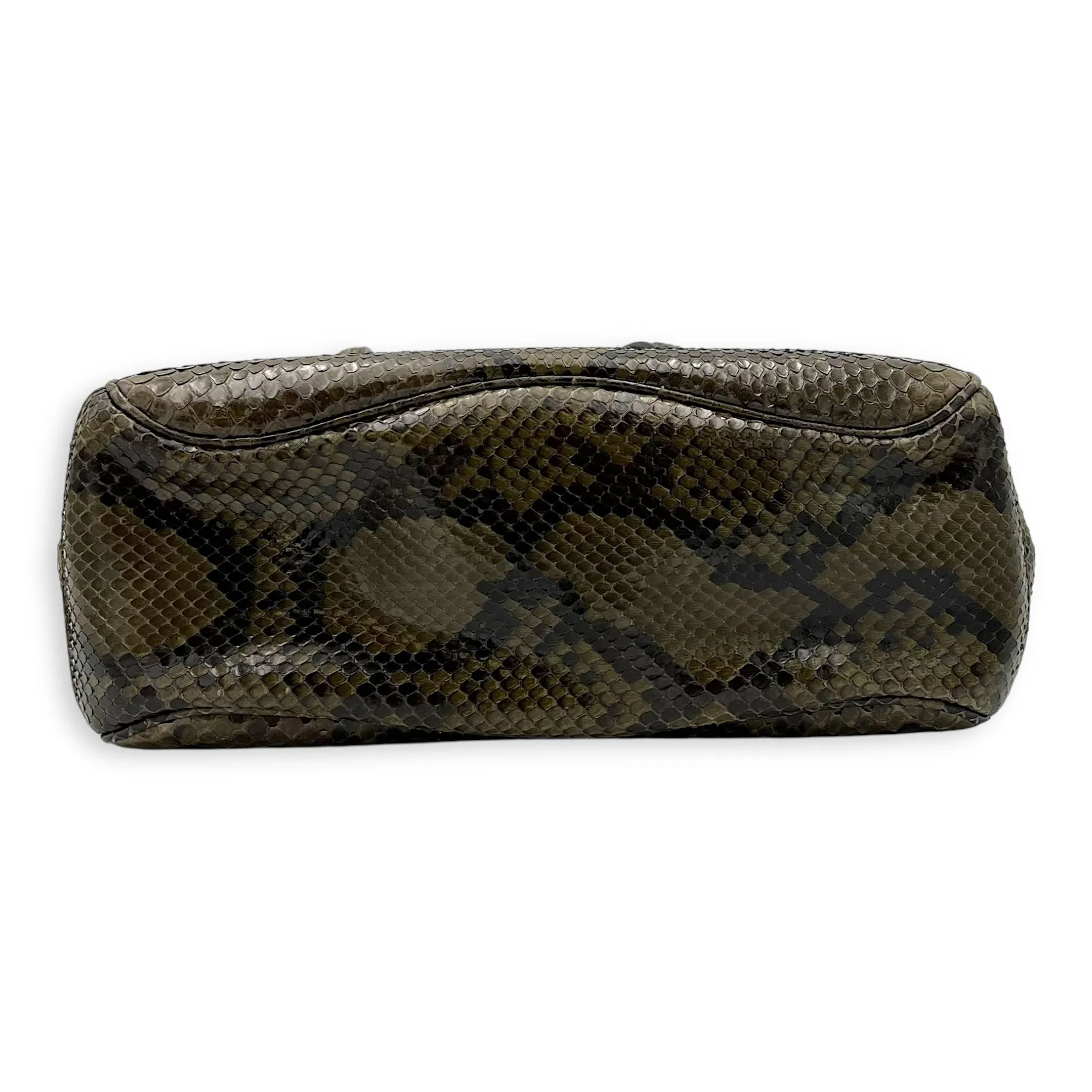 Flap Green Top Handle Bag in Snake Skin, Silver hardware