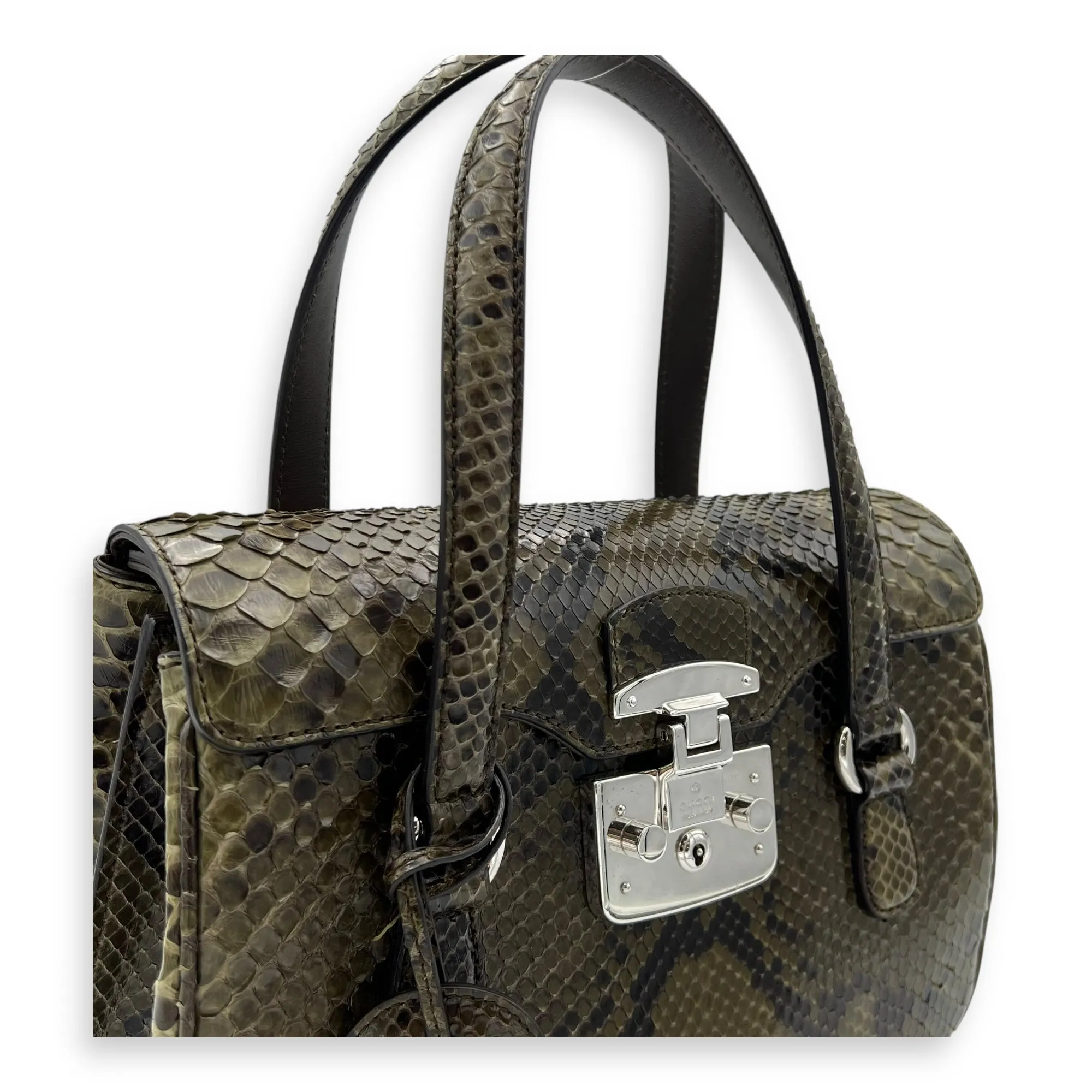 Flap Green Top Handle Bag in Snake Skin, Silver hardware