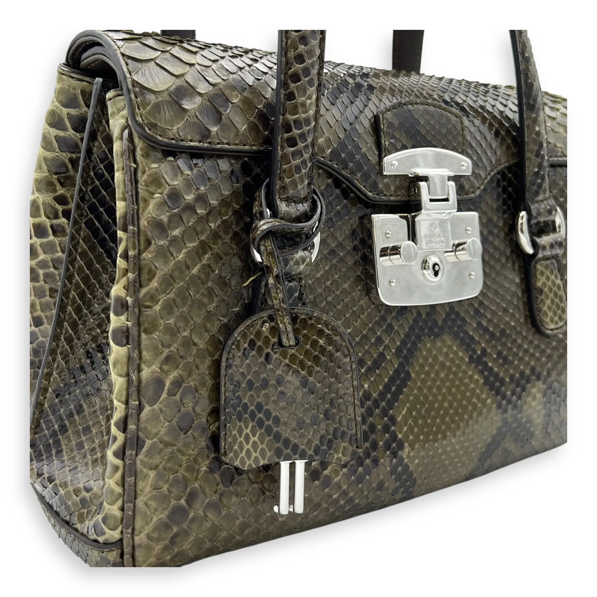 Flap Green Top Handle Bag in Snake Skin, Silver hardware