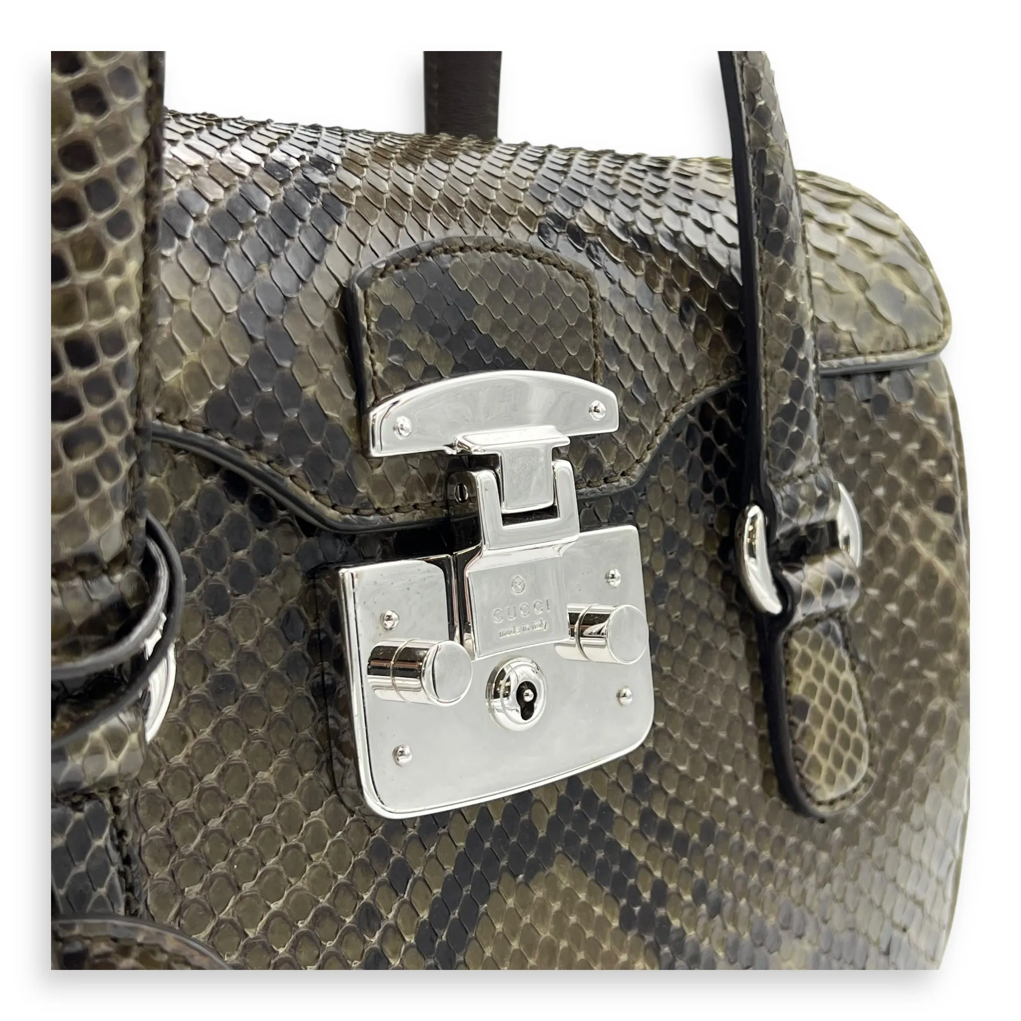 Flap Green Top Handle Bag in Snake Skin, Silver hardware